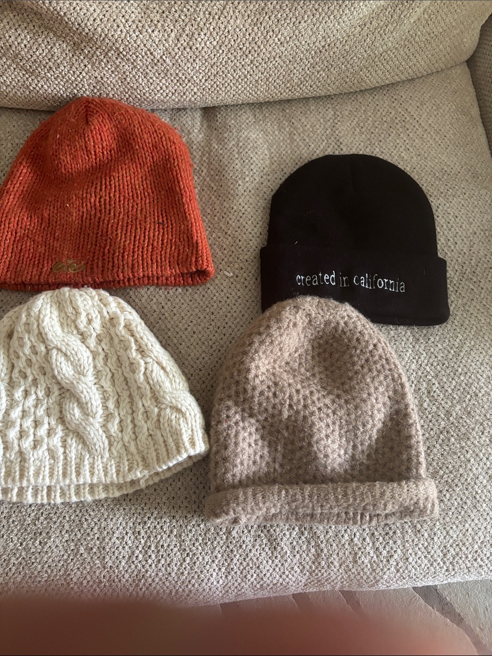 Four Knit Beanies - Orange, Black, Cream, Taupe
